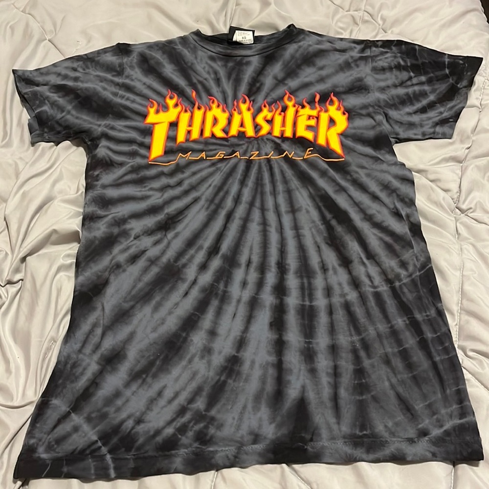 WOMENS Black & Gray Tie Dye Short Sleeve Thrasher Tee XS